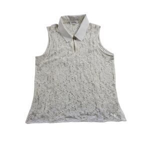 Calvin Klein Sleeveless Lace Blouse Floral Button-Up Collar Ivory White Size S